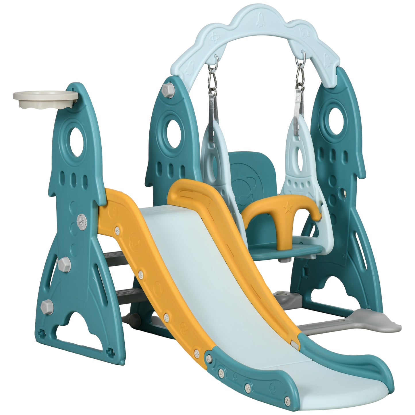 3 in 1 Kids Slide and Swing Set Indoor Playground w/ Basketball Hoop, Climber, Adjustable Swing, Light Blue Gym Sets & Swings   at Gallery Canada