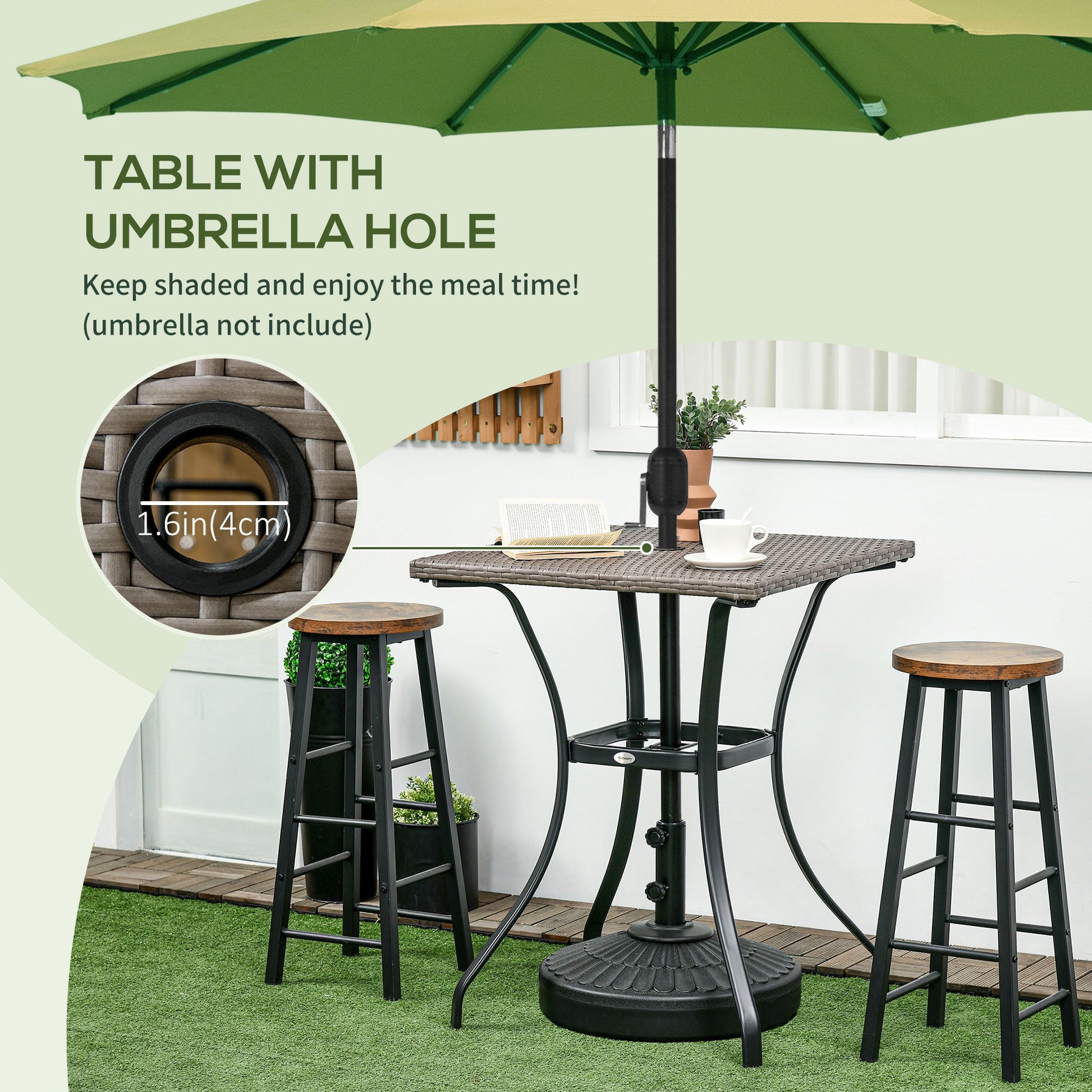 Outdoor Wicker Dining Table with Umbrella Hole, PE Rattan, Light Grey Patio Side Tables   at Gallery Canada