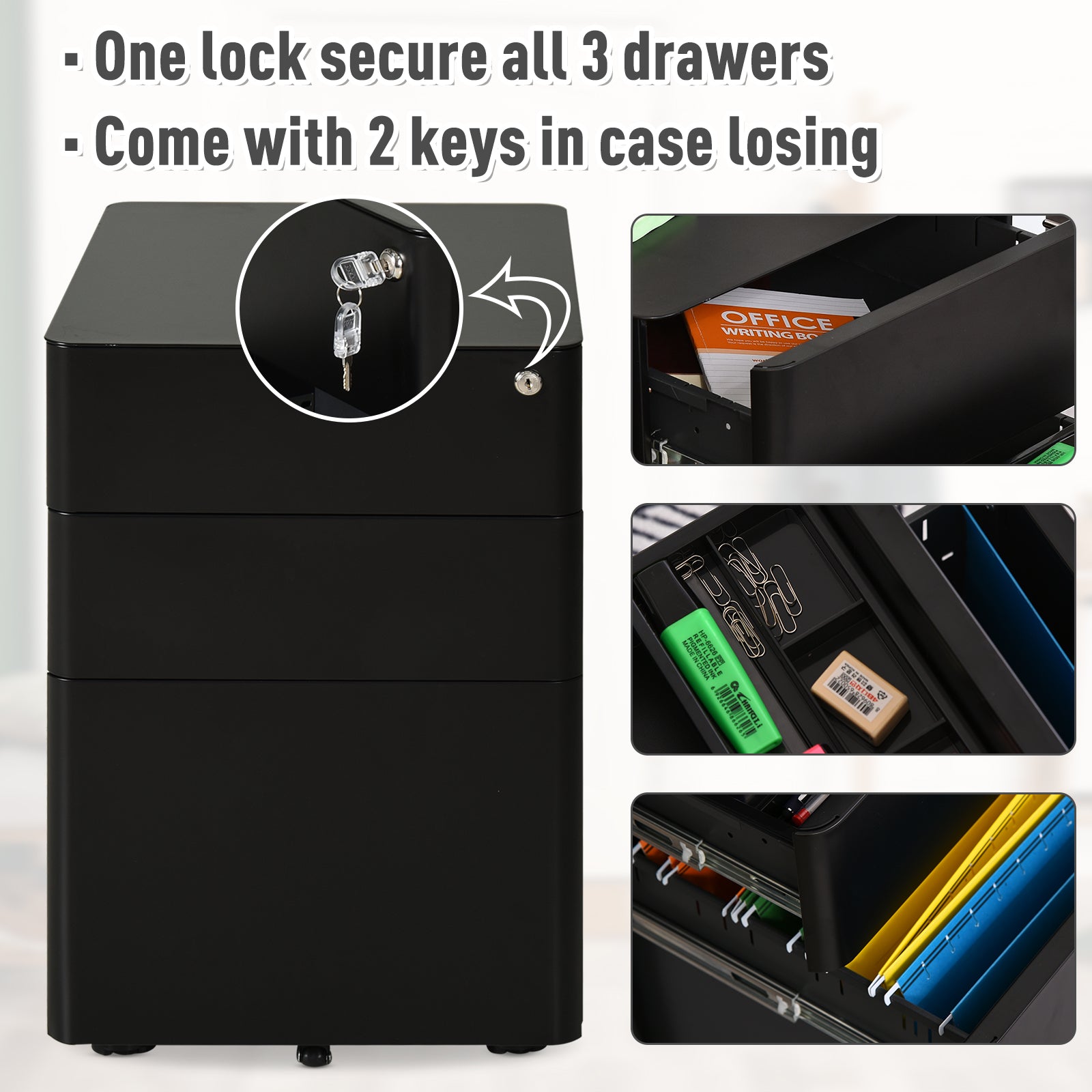 Metal Filing Cabinet 3 Drawer, Mobile Office Cabinet with Wheels for Legal, Letter, A4 File, Black Office Cabinets & Cupboards at Gallery Canada