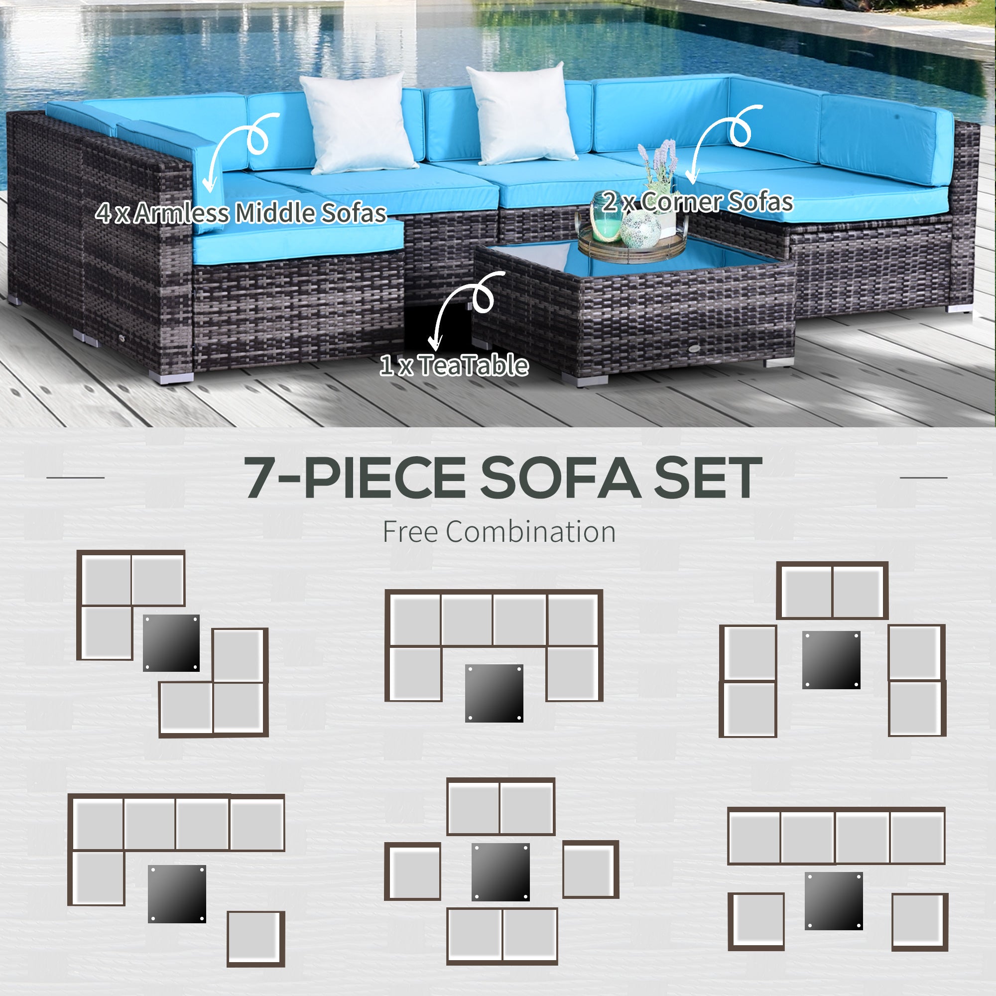 7 Pieces Outdoor Rattan Furniture Set, Patio Wicker Sectional Conversation Sofa Set w/ Cushions &; Coffee Table Patio Furniture Sets at Gallery Canada