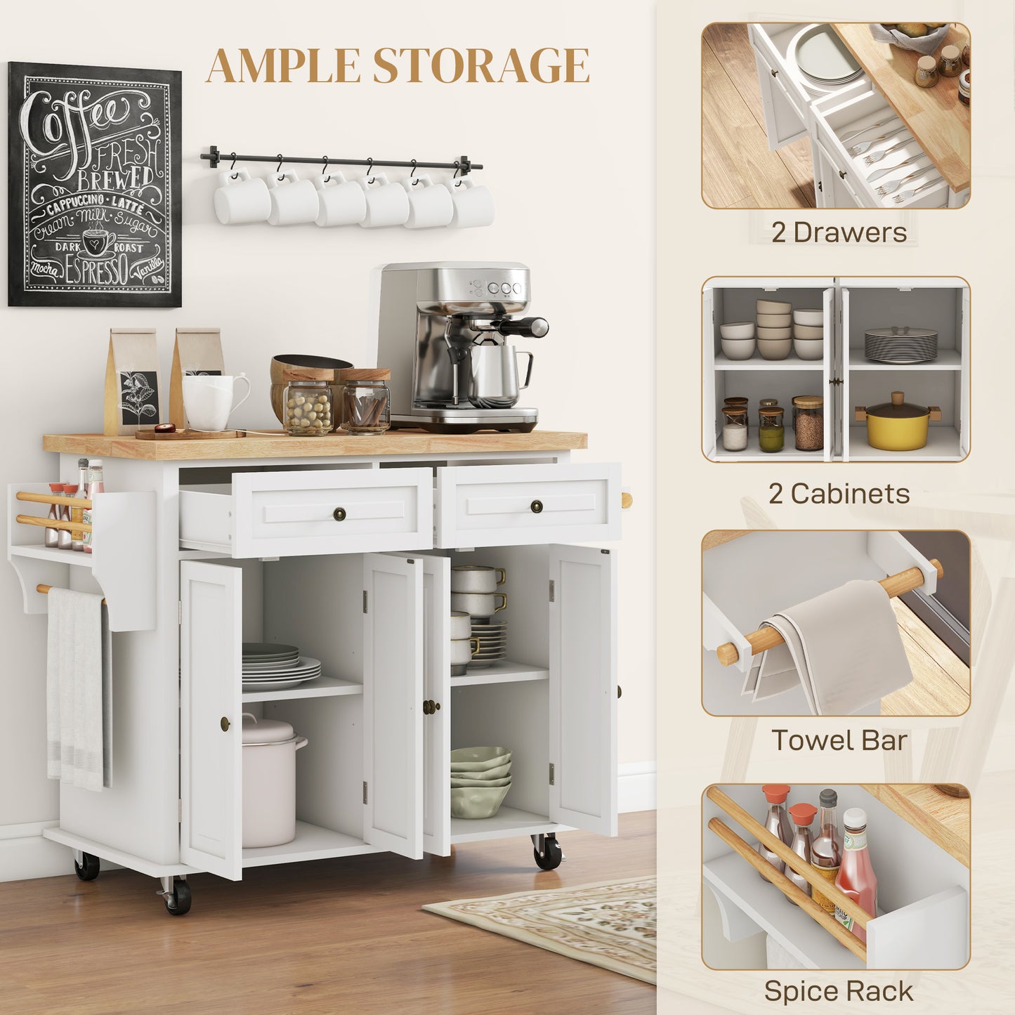 Kitchen Island with Storage, Rolling Trolley Cart with Rubber Wood Top, Spice Rack, Towel Rack, Cream White Kitchen Islands & Kitchen Carts   at Gallery Canada