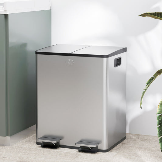 Dual Garbage Bin, Soft-Close Trash Can with Foot Pedal, 2 x 20 Liter Garbage Can with Removable Inner Buckets, Silver Household Supplies at Gallery Canada