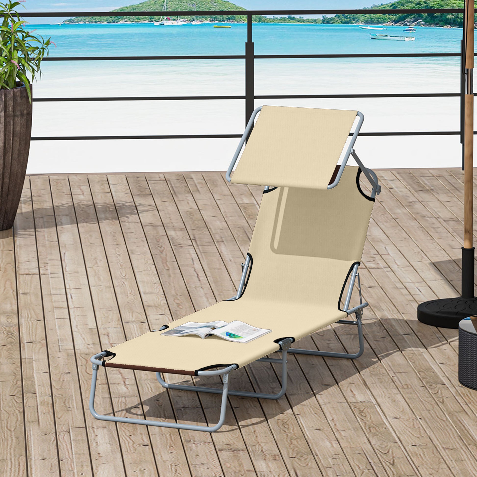 Outdoor Lounge Chair with Sun Shade for Beach, Camping, Hiking, Backyard, Beige Lounger Chairs   at Gallery Canada