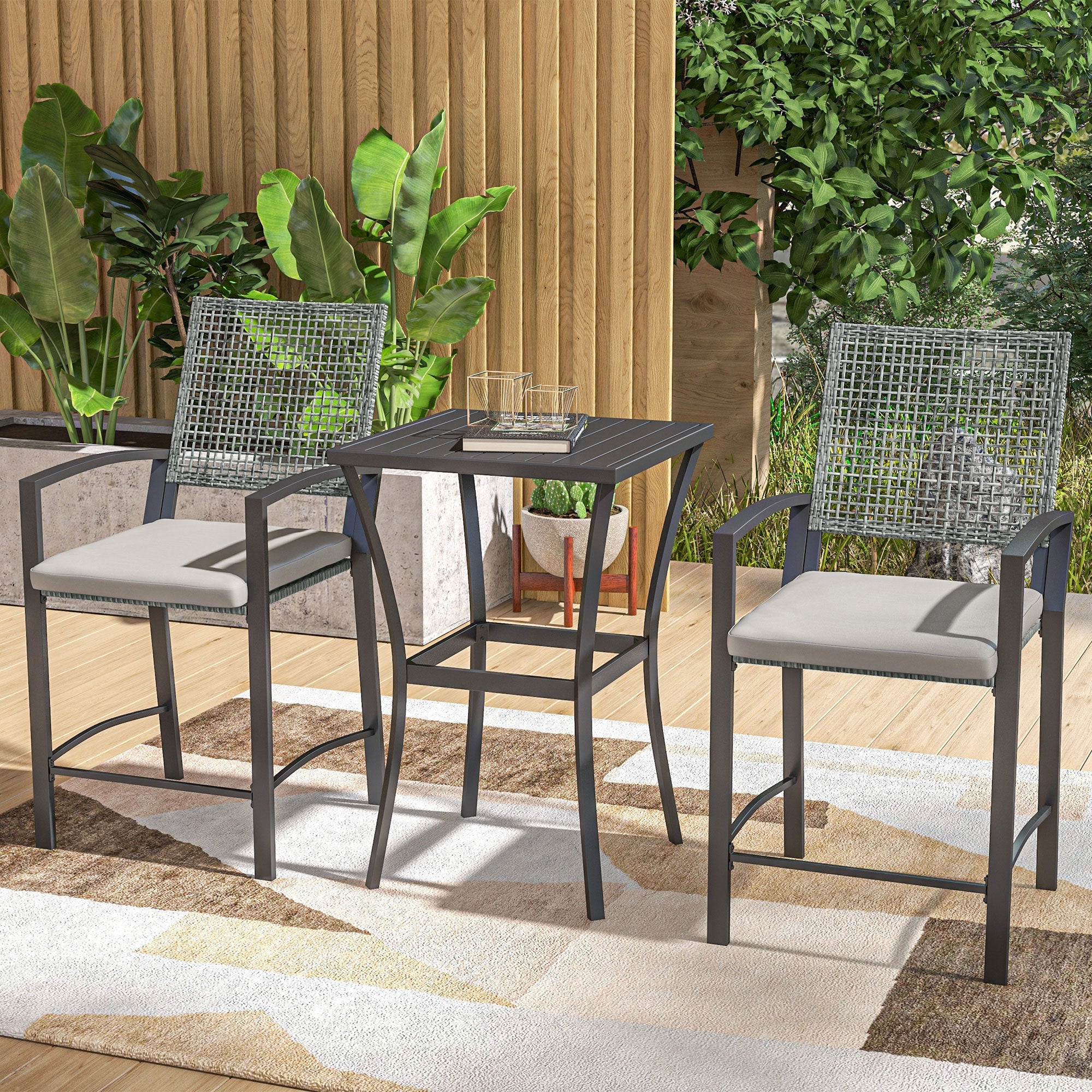 3pc Rattan Patio Bar Table and Bar Chairs w/ Cushions Home Bar Furniture Bistro Sets   at Gallery Canada