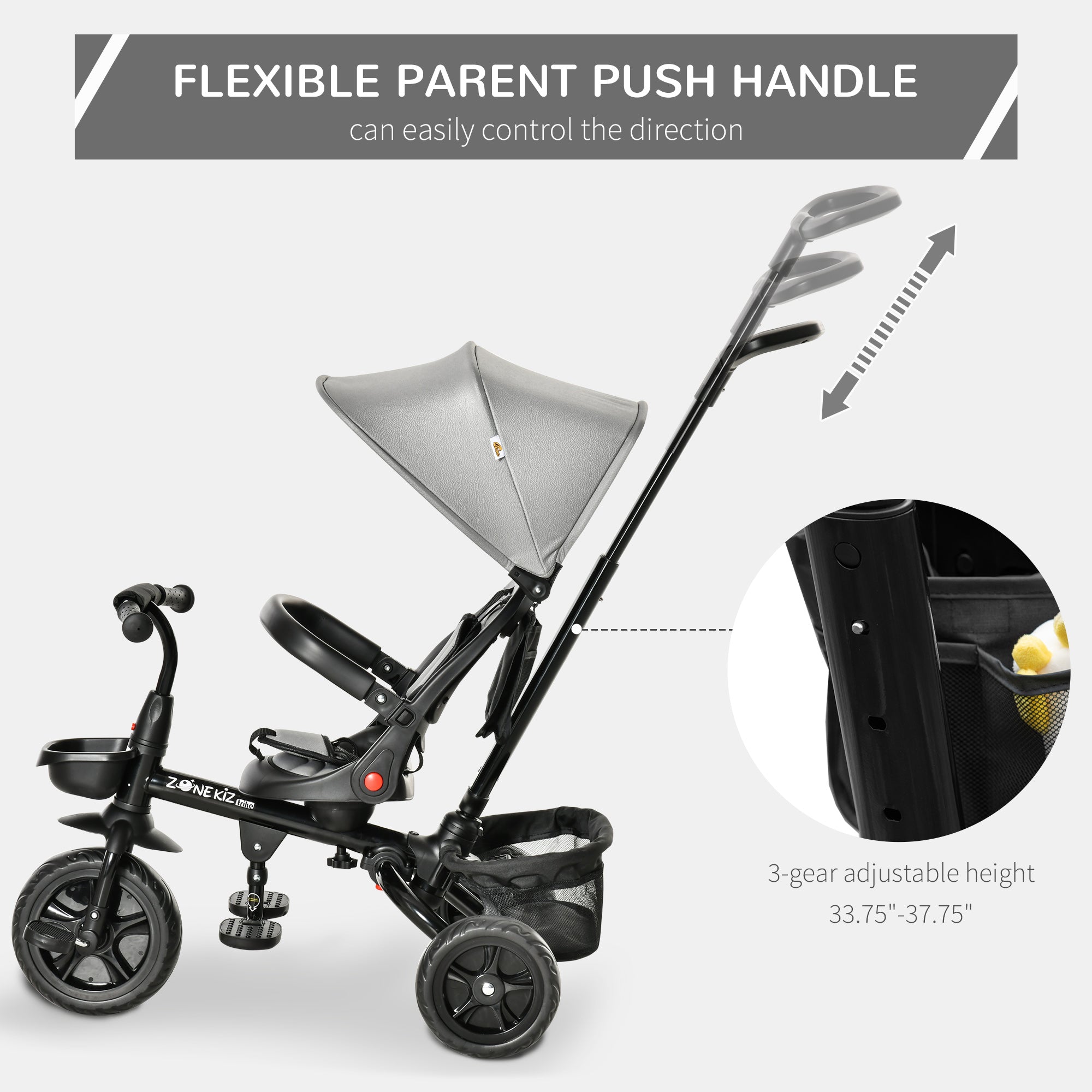 4-in-1 Baby Tricycle with Adjustable Seat, Handle, Canopy, Storage, Grey Tricycles for Kids   at Gallery Canada