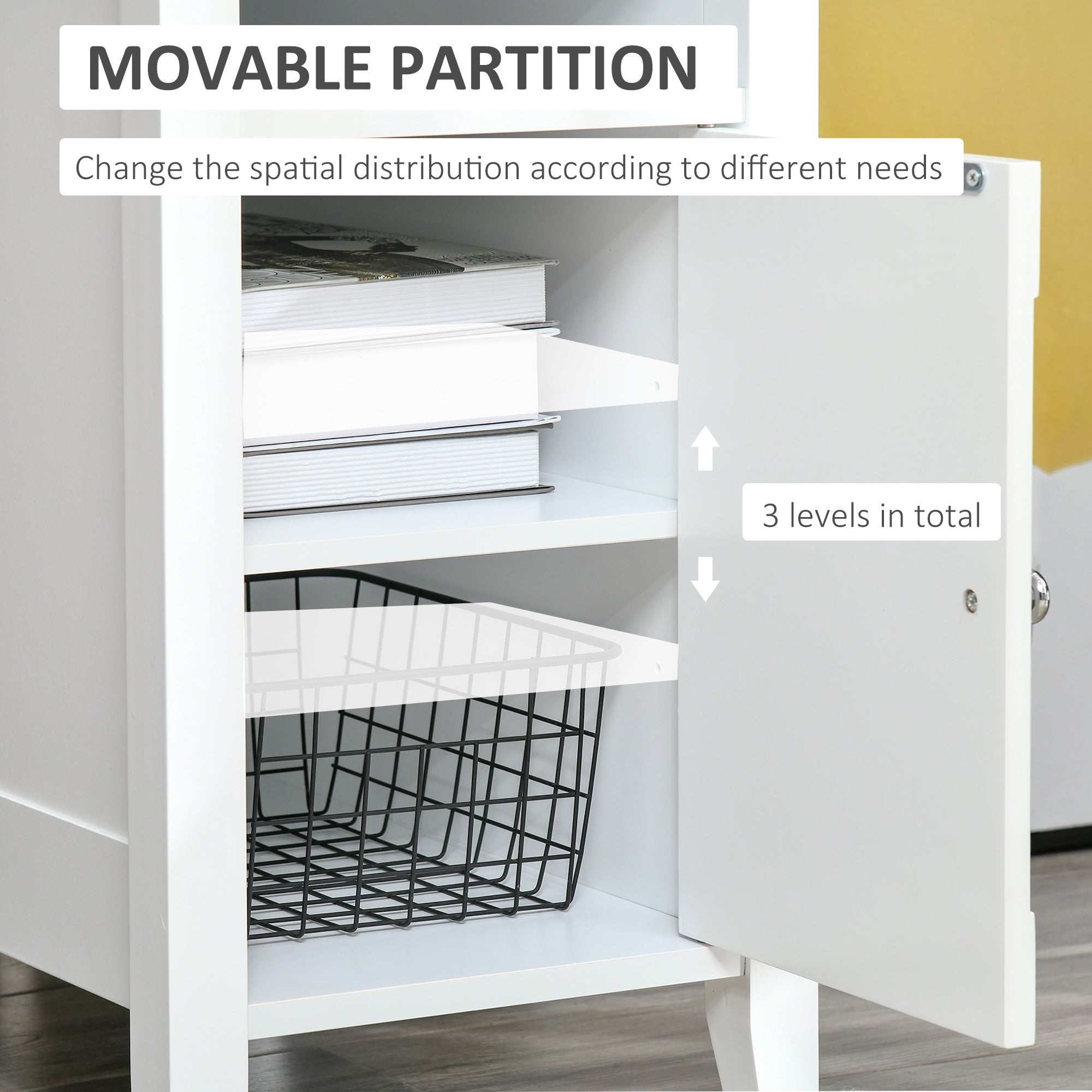 Wooden3-Tier Modern Nightstand with Pullout Shelf, Adjustable Open Shelf, and Door Cabinet, White Side Tables   at Gallery Canada