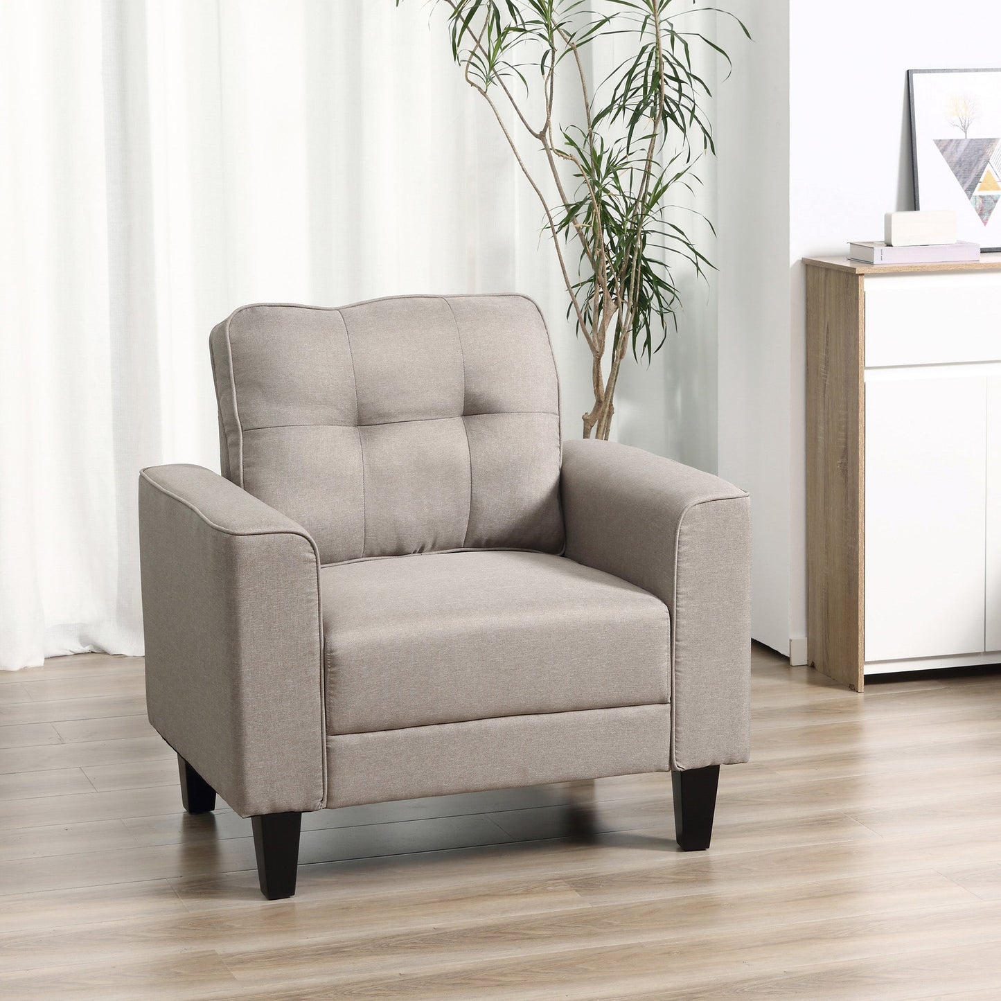 Modern Button Tufted Armchair with Thick Padding and Rubber Wood Legs, Beige Single Sofas   at Gallery Canada