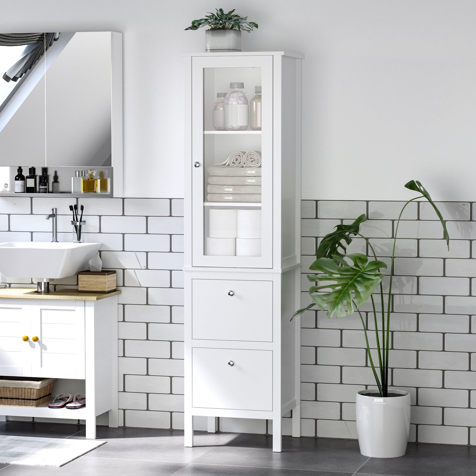 Tall Bathroom Cabinet with Tempered Glass Door, Storage Organizer, Freestanding Linen Tower with 2 Adjustable Shelves and 2 Drawers, White Bathroom Cabinets   at Gallery Canada