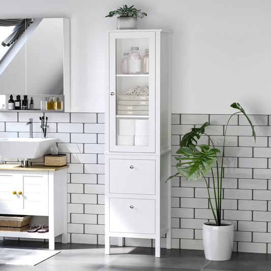 Tall Bathroom Cabinet with Tempered Glass Door, Storage Organizer, Freestanding Linen Tower with 2 Adjustable Shelves and 2 Drawers, White Bathroom Cabinets White  at Gallery Canada