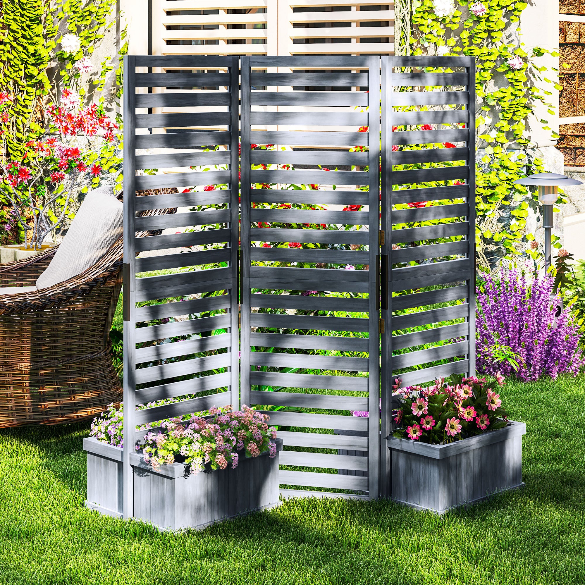 Outdoor Privacy Screen Wood Privacy Panel with 4 Planter Boxes, Raised Bed with 3 Panels, Drainage Holes Side Awnings at Gallery Canada