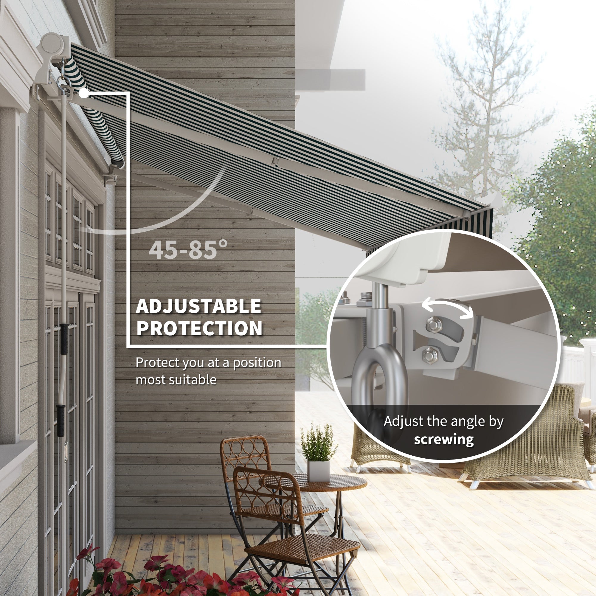 12' x 10' Manual Retractable Awning Outdoor Sunshade Shelter for Patio, Balcony, Yard, with Adjustable &; Versatile Design, Green and White Deck Awnings at Gallery Canada
