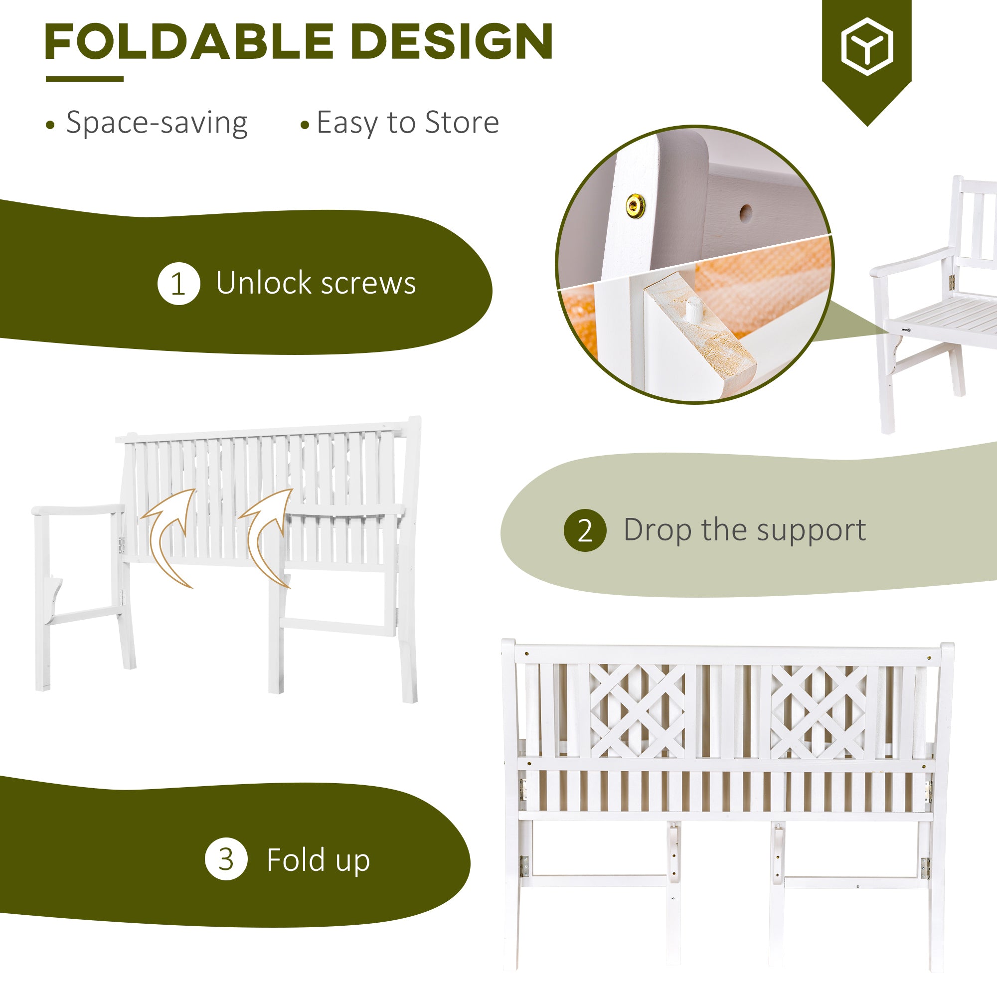 Foldable Garden Bench, 2-Seater Patio Wooden Bench, Loveseat Chair with Backrest and Armrest for Patio, Porch or Balcony, White Outdoor Benches at Gallery Canada