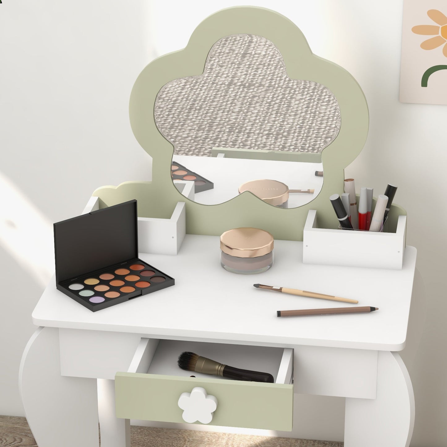 Kids Makeup Vanity Set with Stool, Mirror, Drawer, Storage Boxes, White Toy Vanity   at Gallery Canada