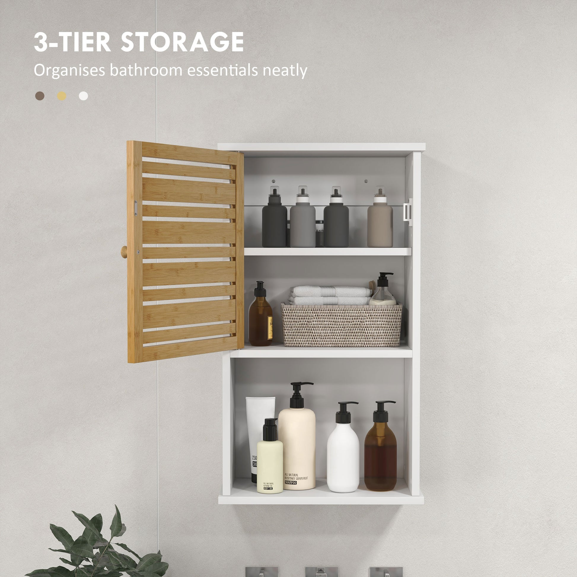 Wall Mounted Bathroom Cabinet with Storage, Bathroom Wall Cabinet with Bamboo Slat Door and Adjustable Shelf, White Wall Mounted Cabinets   at Gallery Canada