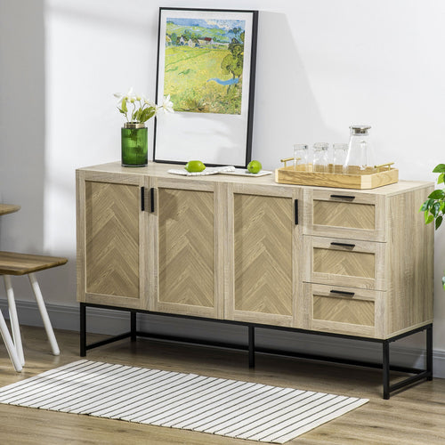 Buffet Cabinet, Rustic Kitchen Sideboard with Storage Cabinets, Drawers and Adjustable Shelves, Oak