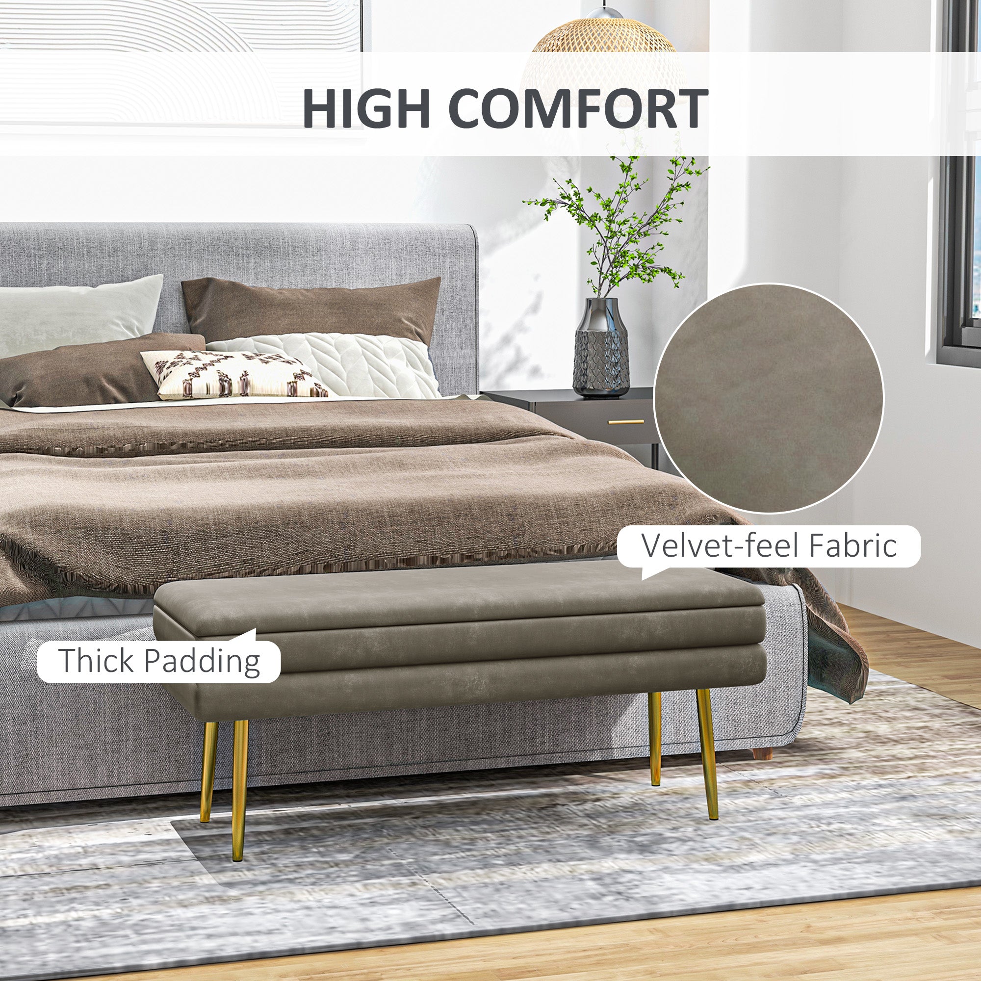 End of Bed Bench, Velvet-feel Upholstered Bench with Thick Padded Seat and Steel Legs, Modern Bedroom Bench, Beige Storage Ottomans & Benches at Gallery Canada