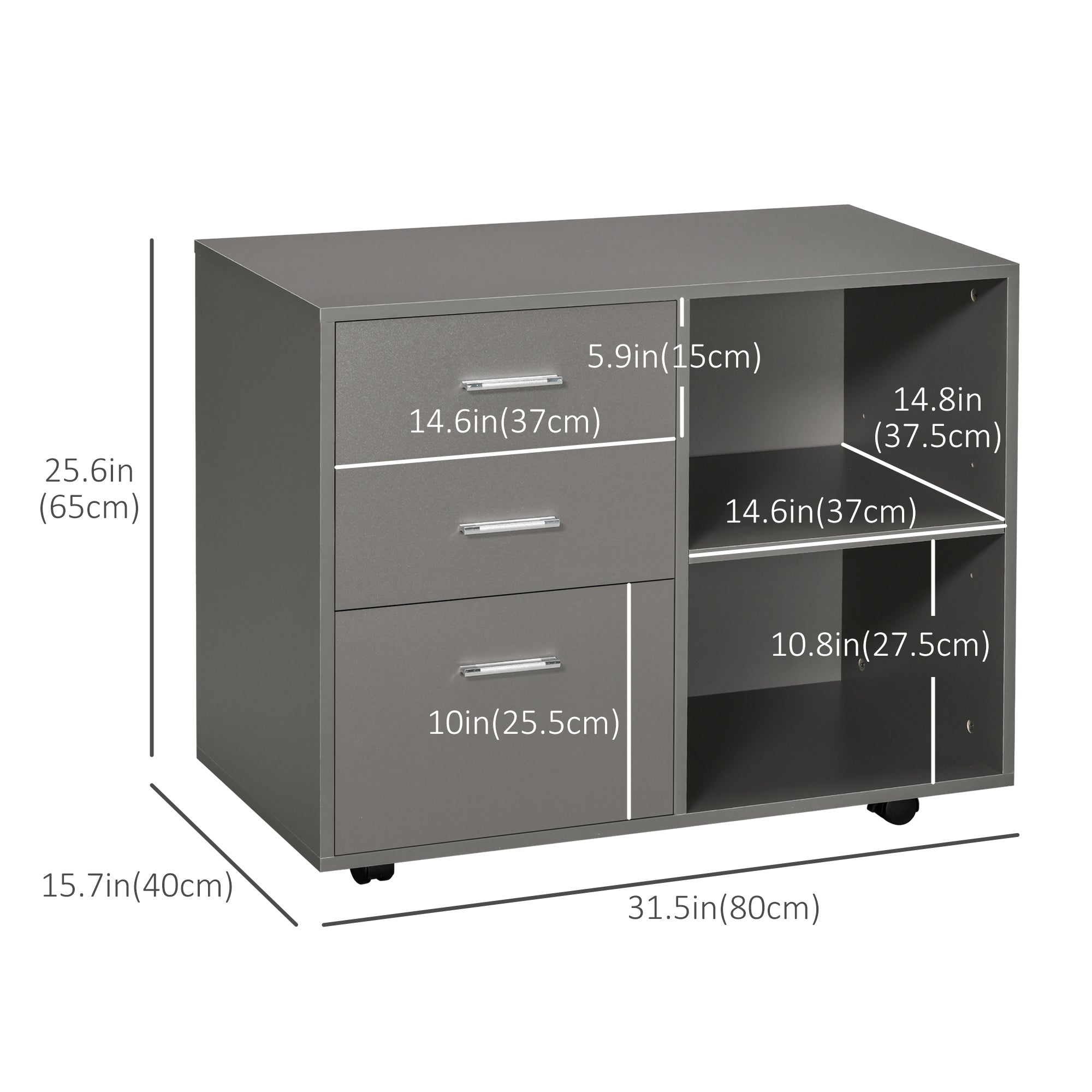 Modern Lateral Filing Cabinet, 3 Drawer File Cabinet for Letter and A4 Size Documents, Mobile, Printer Stand with Open Shelves, Rolling Wheels, Grey Office Cabinets & Cupboards at Gallery Canada