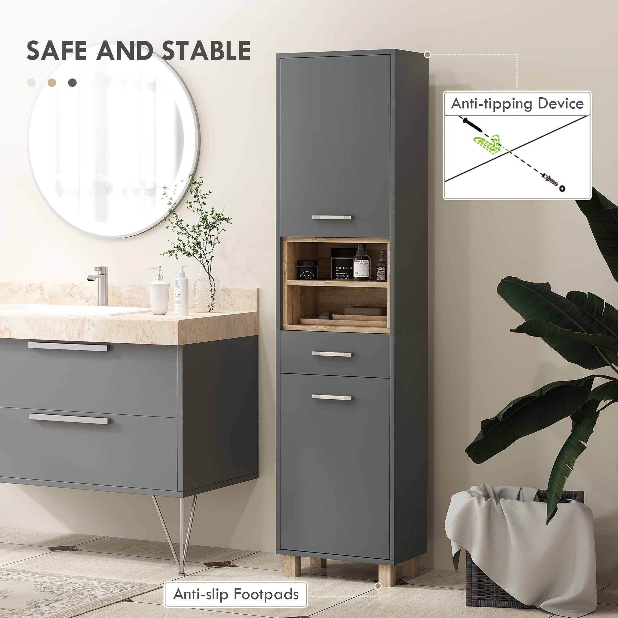 Tall Bathroom Storage Cabinet, Freestanding Bathroom Cabinet with Open Compartments, Double Doors and Drawer Bathroom Cabinets at Gallery Canada
