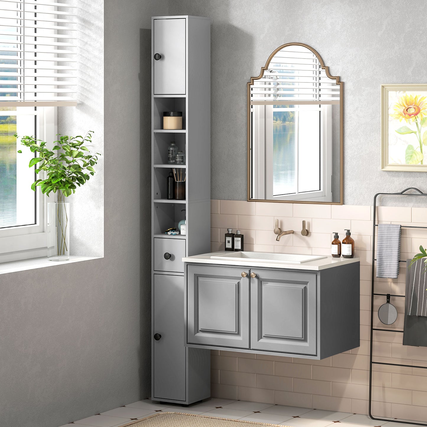 71" Tall Bathroom Cabinet, Narrow Toilet Paper Cabinet with Open Shelves, 2 Door Cabinets, Adjustable Shelves, Grey Bathroom Cabinets   at Gallery Canada