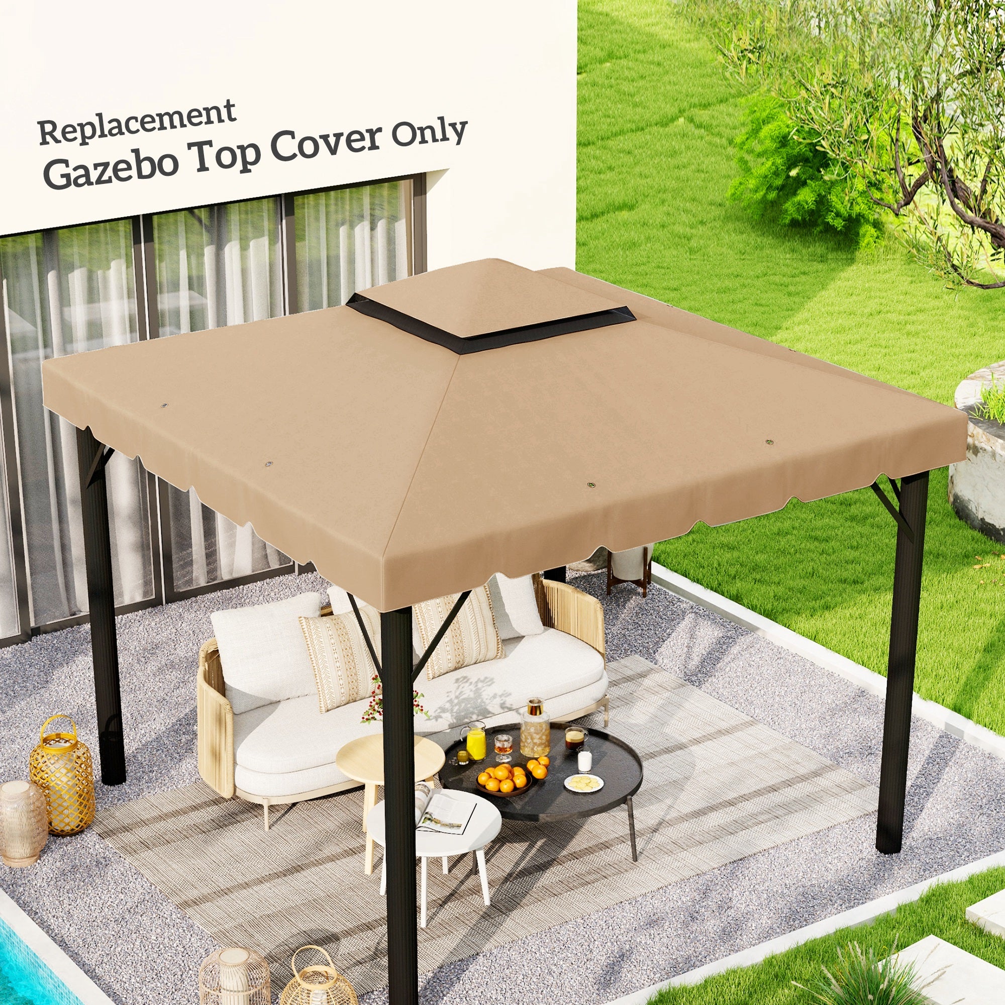 9.8' x 9.8' Replacement Canopy, Gazebo Top Cover with Double Vented Roof for Garden Patio (TOP ONLY), Khaki Gazebos at Gallery Canada