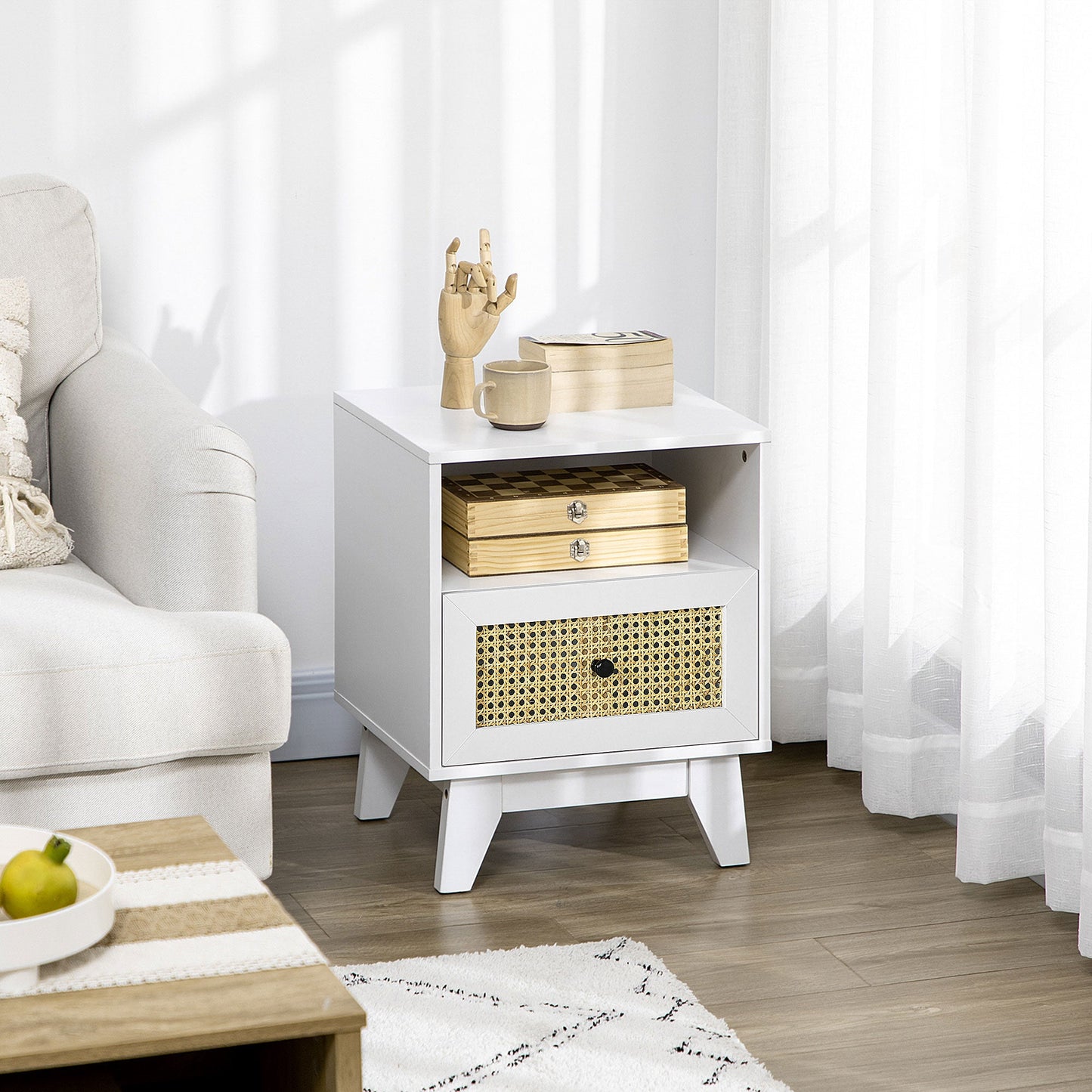 Bedside Table with Rattan Element, Side End Table with Drawer and Shelf, 17.7"x15.4"x22.2", White Bedside Tables   at Gallery Canada