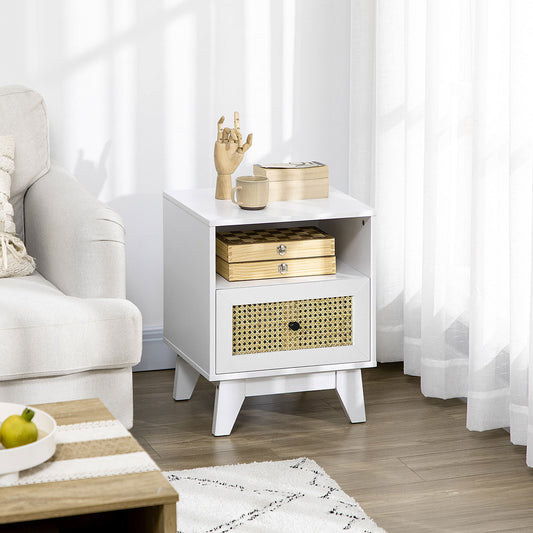 Bedside Table with Rattan Element, Side End Table with Drawer and Shelf, 17.7"x15.4"x22.2", White Bedside Tables White  at Gallery Canada