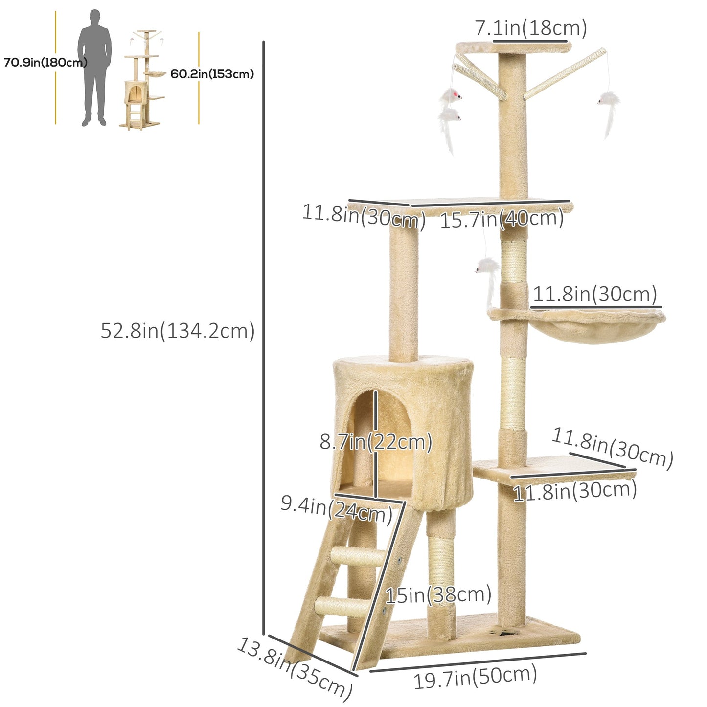 52" Multi-Level Cat Tree, Kitten Playhouse, Cat Activity Center with Scratching Post Rest Condo, Hammock Beige Cat Towers Beige  at Gallery Canada