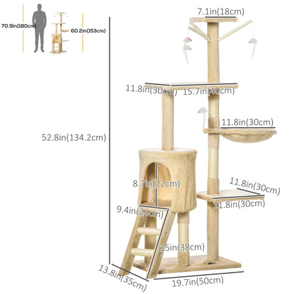 52" Multi-Level Cat Tree, Kitten Playhouse, Cat Activity Center with Scratching Post Rest Condo, Hammock Beige Cat Towers Beige  at Gallery Canada