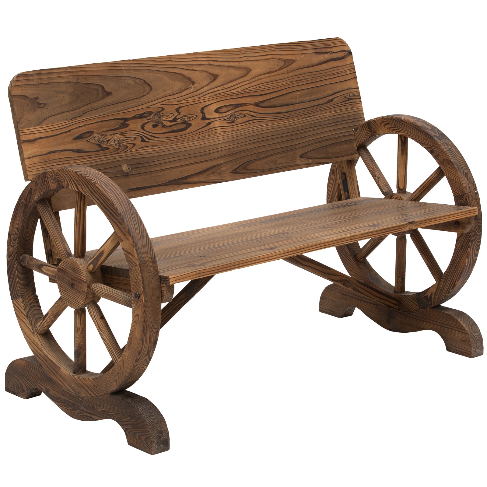 Wooden Wagon Wheel Bench Rustic Design 2 Seater Garden Outdoor Chair High Back Loveseat Outdoor Benches Carbonized Brown at Gallery Canada