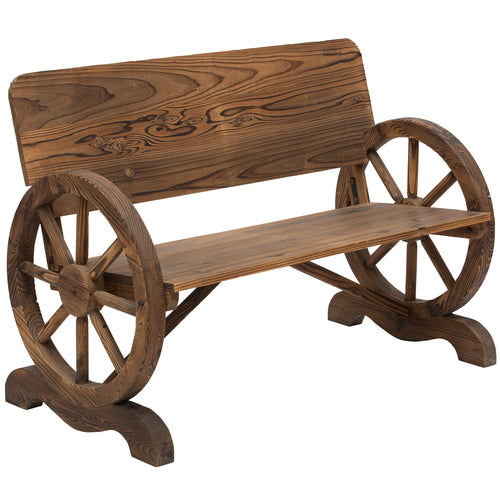 Wooden Wagon Wheel Bench Rustic Design 2 Seater Garden Outdoor Chair High Back Loveseat