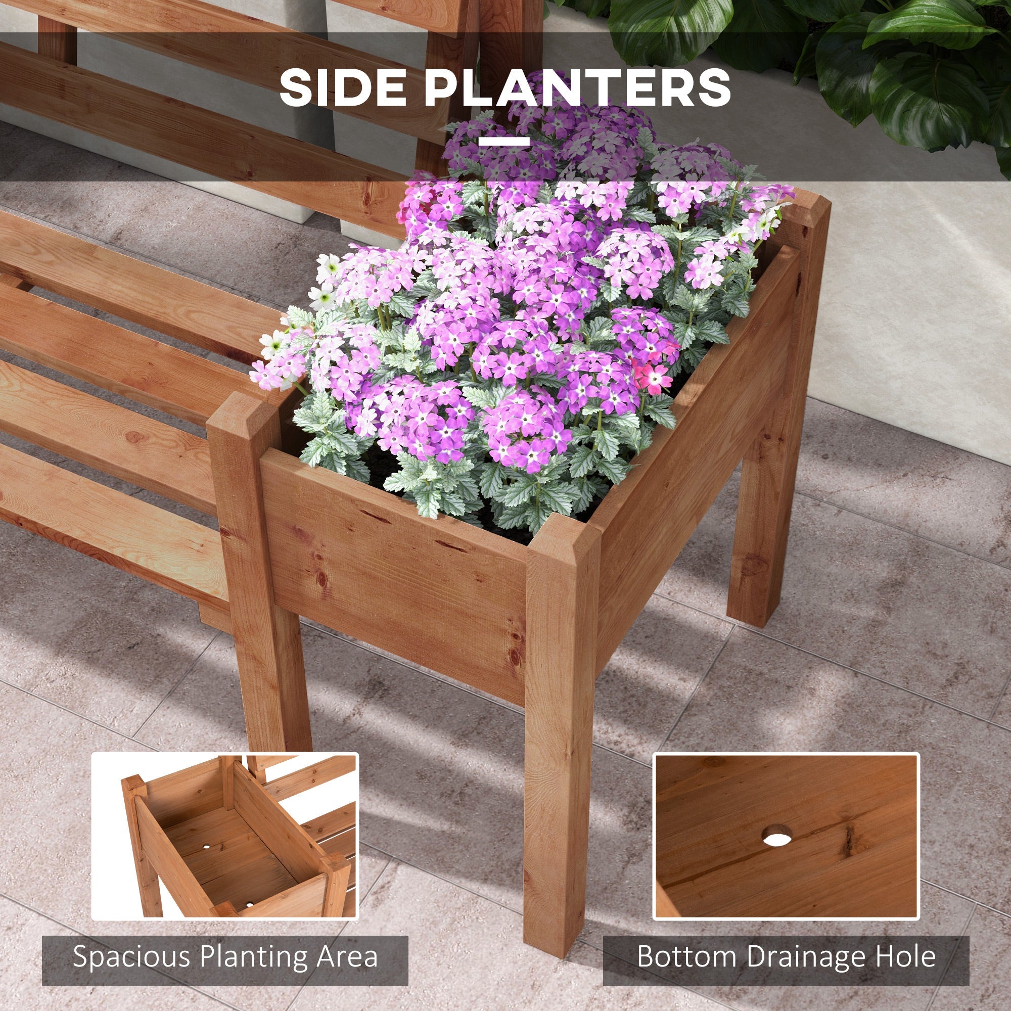 Wood Outdoor Bench with Planter Boxes 2-Seater Garden Bench with Slat Seat and Back Dark Brown Outdoor Benches   at Gallery Canada