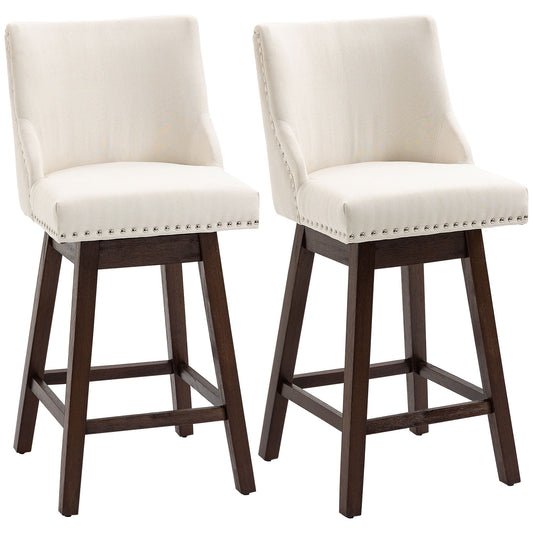 Swivel Bar stool Set of 2 Armless Upholstered Bar Chairs with Nailhead-Trim, Wood Legs, Cream White - Gallery Canada