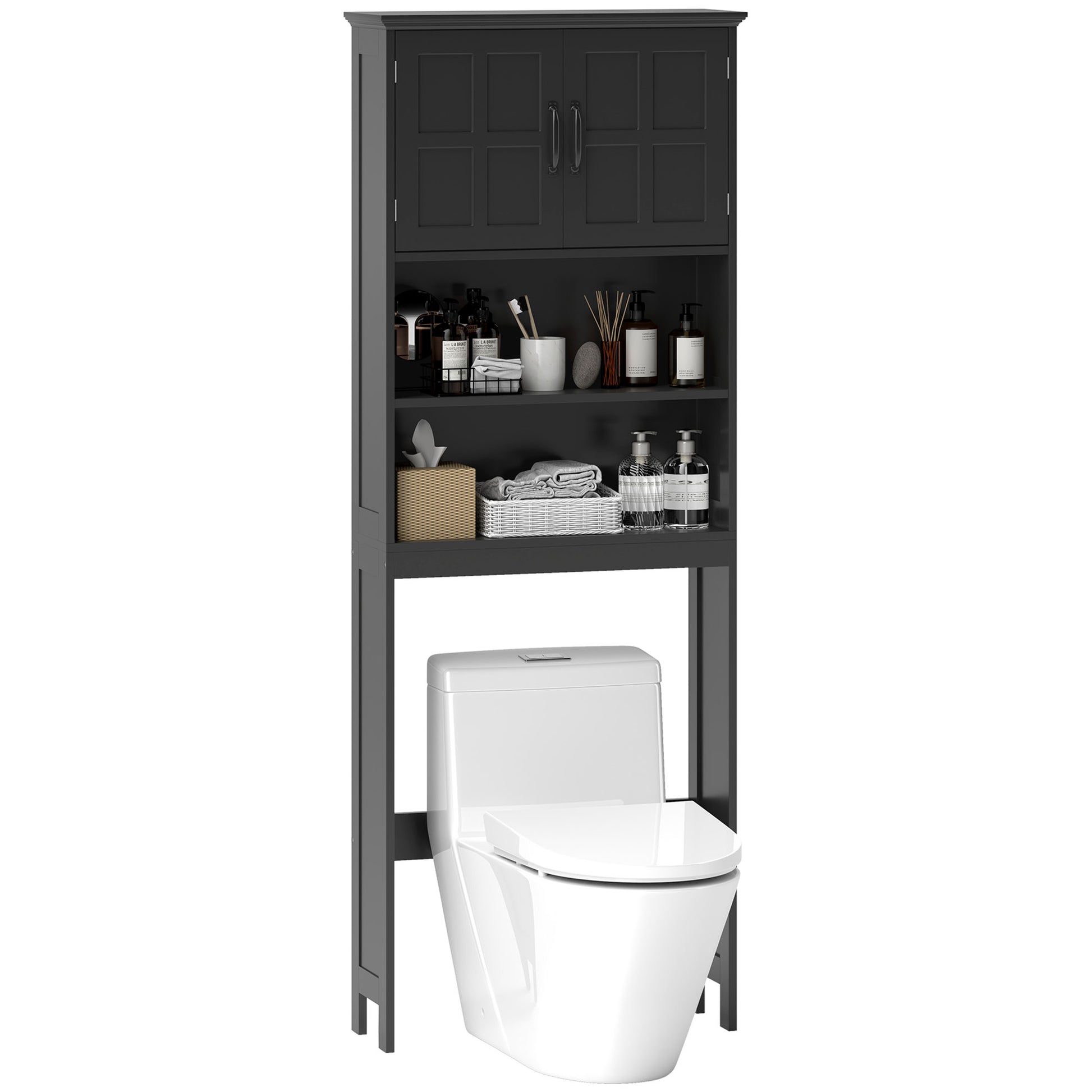 Modern Over The Toilet Storage, Bathroom Cabinets Over Toilet with Open Shelves and Double Door Cabinet, Black Bathroom Cabinets   at Gallery Canada