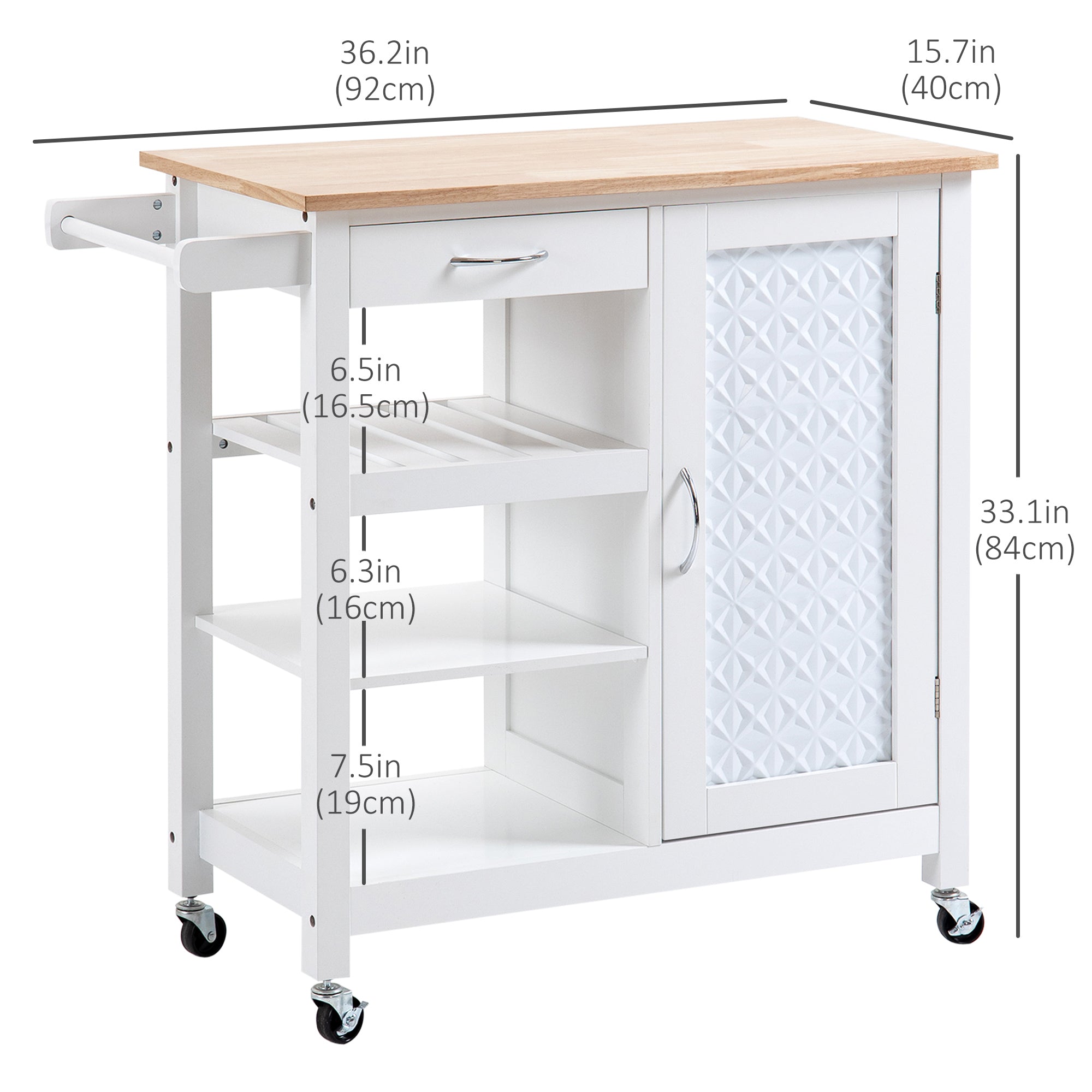Kitchen Cart on Wheels with Embossed Door Panel, Utility Kitchen Island with Storage Drawer, White Kitchen Islands & Kitchen Carts at Gallery Canada