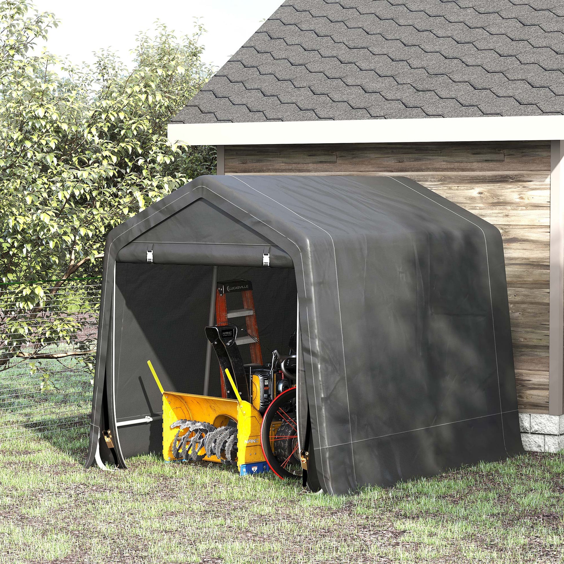 9.2' x 7.9' Garden Storage Tent, Heavy Duty Bike Shed, Patio Storage Shelter w/ Metal Frame and Double Zipper Doors, Dark Grey Car Shelters   at Gallery Canada