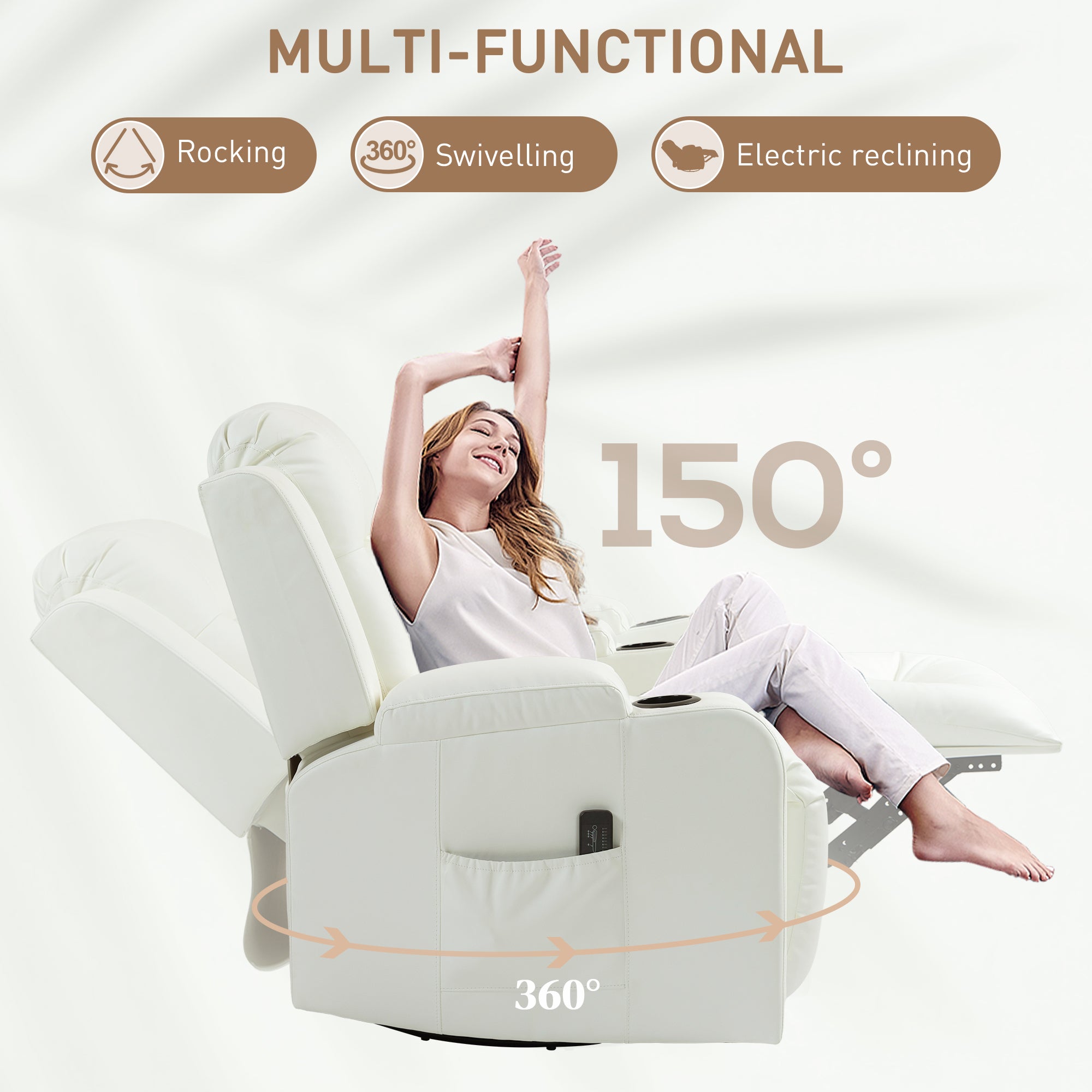 Massage Recliner Chair for Living Room with 8 Vibration, Overstuffed PU Leather Manual Reclining Chair with Wide Seat, Cup Holders, 360° Swivel, Rocking, Cream White Single Sofas at Gallery Canada