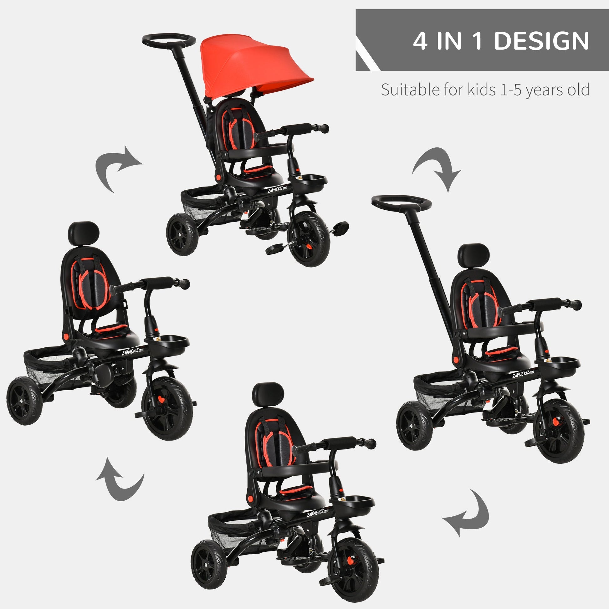 4-in-1 Baby Tricycle with Adjustable Seat, Handle, Canopy, Brake, Red Tricycles for Kids   at Gallery Canada