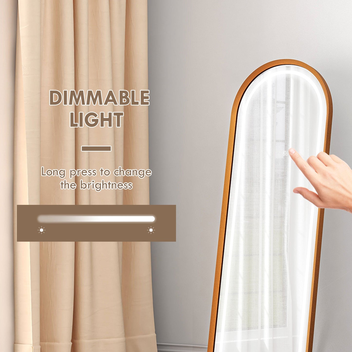 Standing Mirror with LED Lights, 58" x 20" Floor Mirror, Full Body Mirror with Dimmable and 3 Colour Lighting, Gold Full Length Mirrors   at Gallery Canada