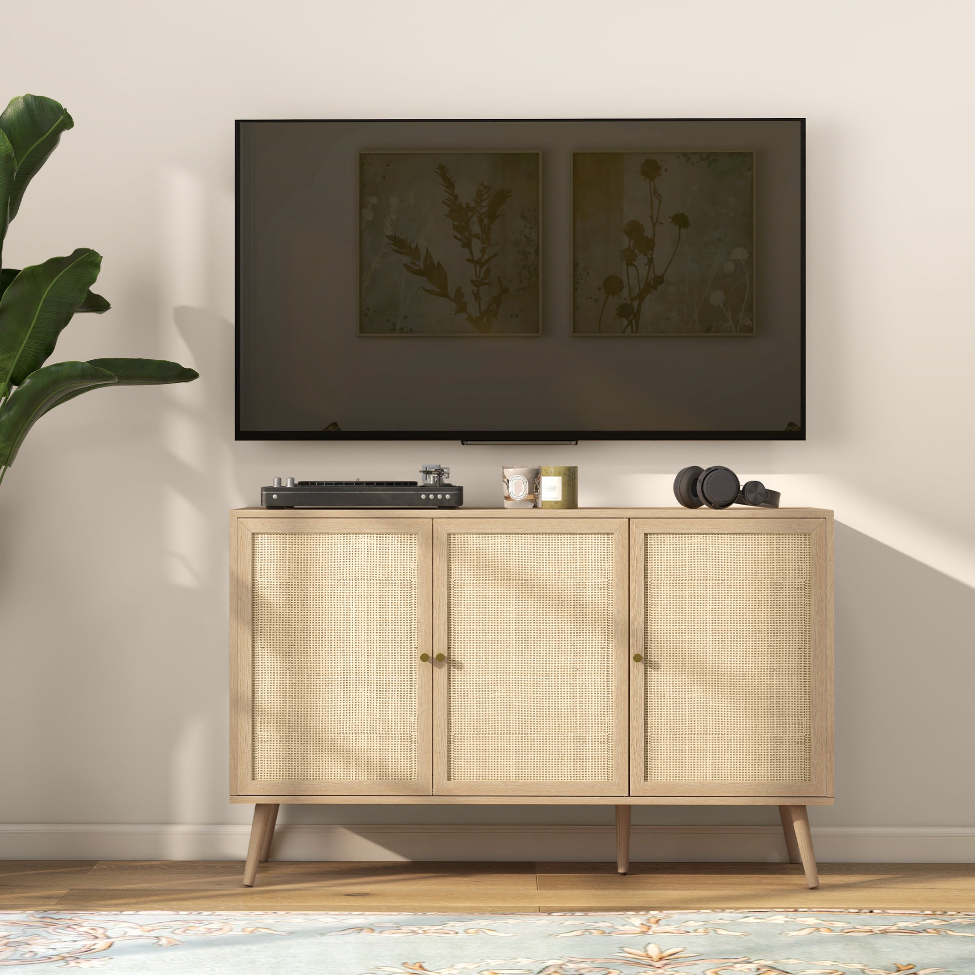 Kitchen Sideboard Cabinet, Boho Storage Cabinet with Shelves, Wood Legs, Decorative Rattan Doors, Natural Storage Cabinets   at Gallery Canada