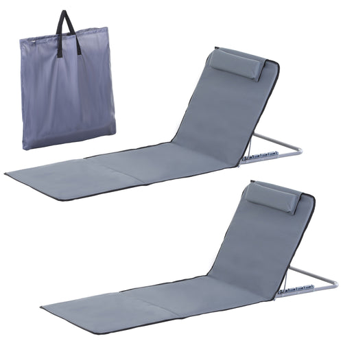 2 Pieces Beach Lounge Chair, Outdoor Folding Chaise Lounge Set w/ Pillow for Sunbath, Snap, Grey