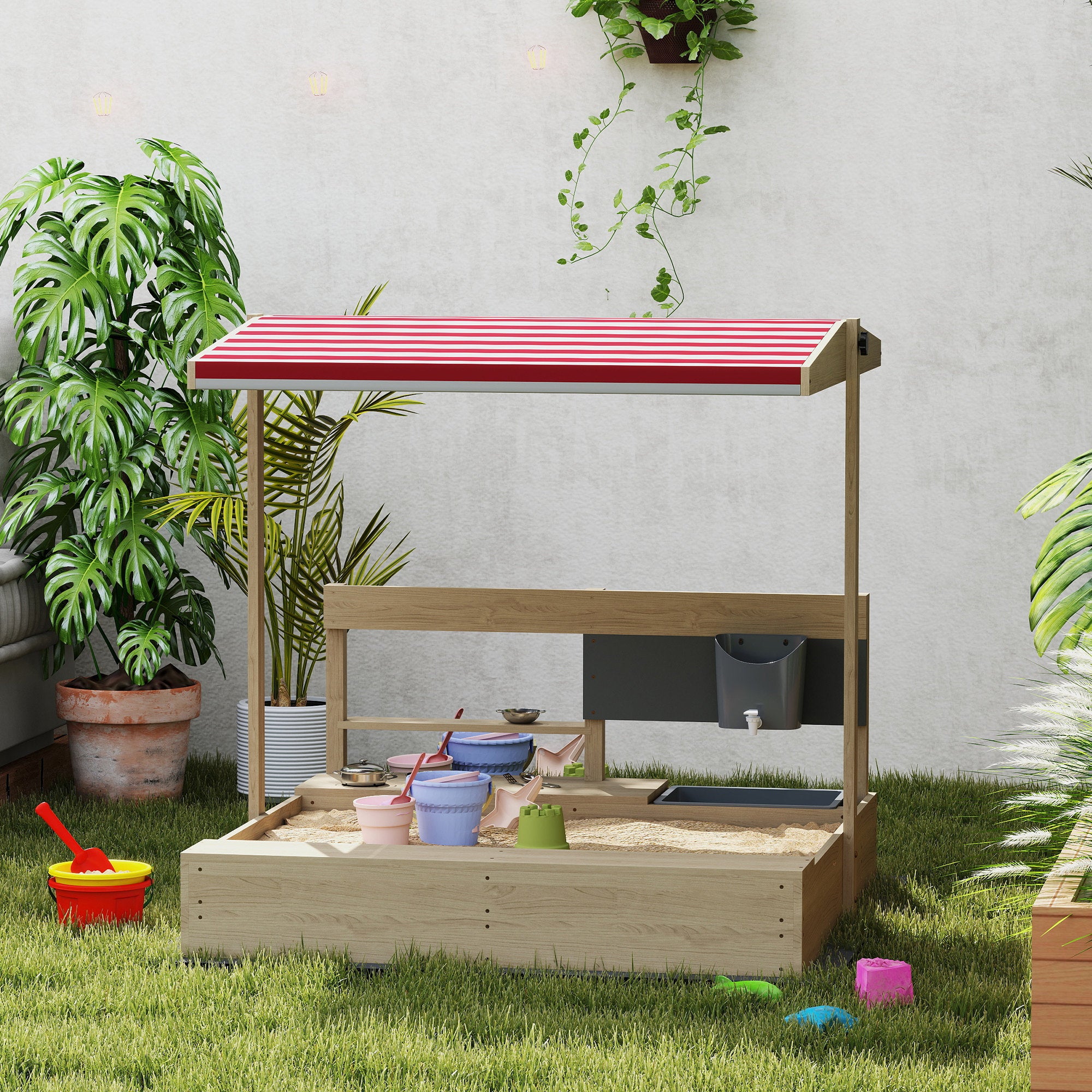Kids Sandbox with Cover Kitchen Playset Toys, Wooden Sand Box with Seat, Storage, for 3-7 Years Old, Natural Wood Sandboxes & Accessories at Gallery Canada