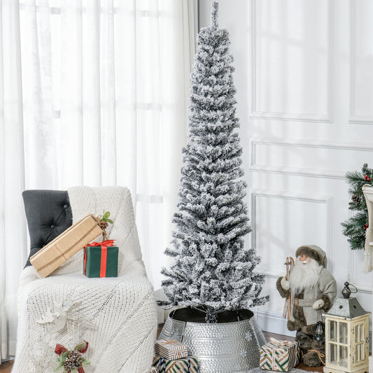 6ft Flocked Christmas Tree, Pencil Christmas Tree with Realistic Branch Tips, Folding Metal Stand, Black Pencil Christmas Trees   at Gallery Canada