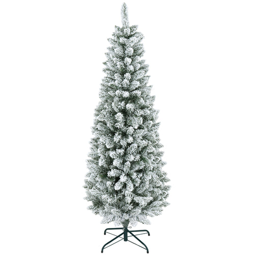 6ft Pencil Christmas Tree, Flocked Tree with 479 Branch Tips and Metal Base for Home, Indoor, Holiday