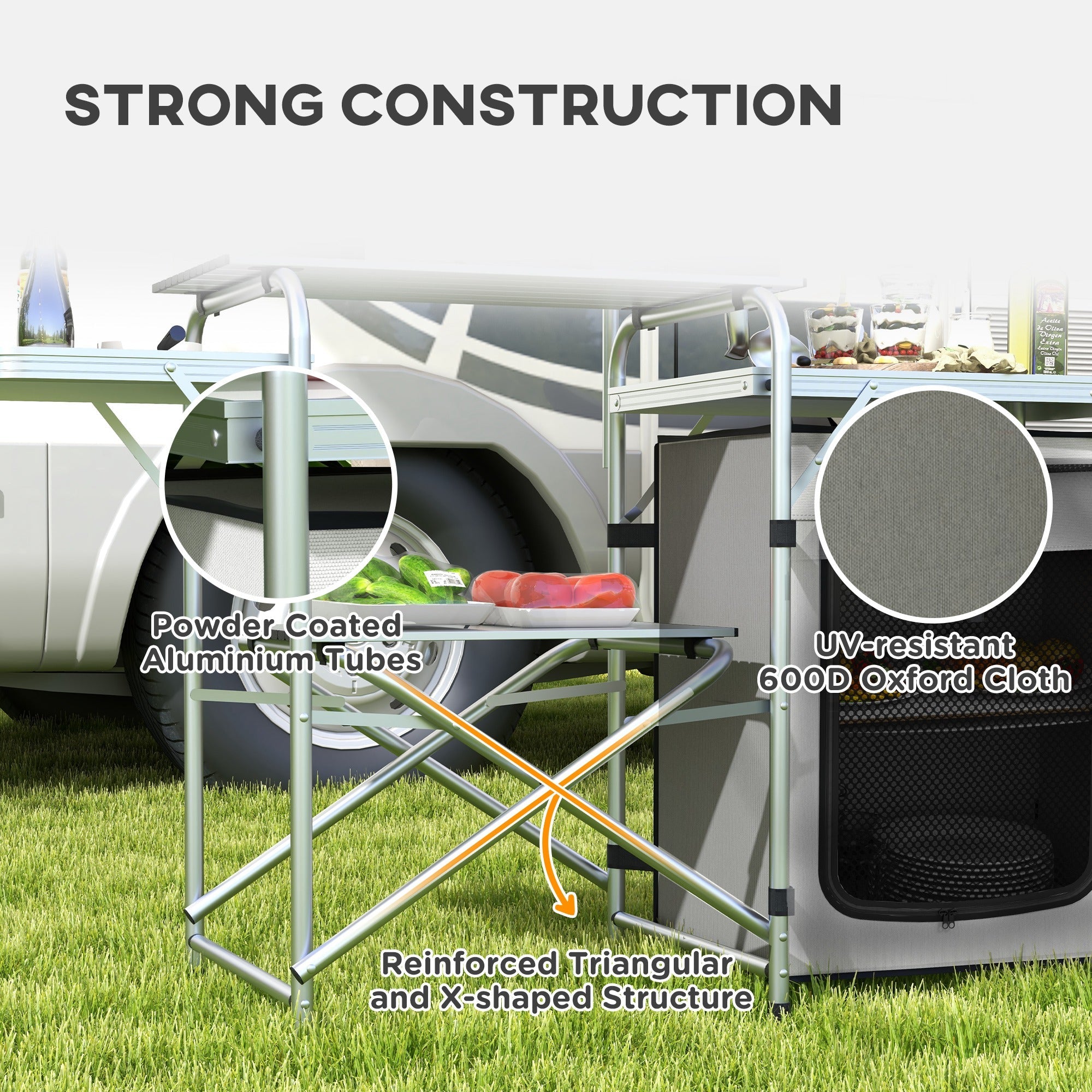 Folding Camping Table with Storage Organizer Aluminum Portable Camping Kitchen with Windshield Light Stand Bag Silver Picnic Tables & Camping Chairs   at Gallery Canada