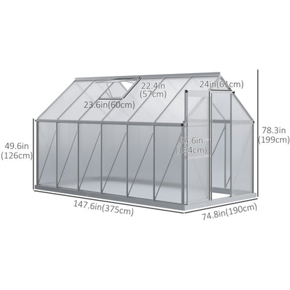 6' x 12' x 6.5' Walk-in Greenhouse, Polycarbonate Greenhouse with Adjustable Roof Vent, Base, Sliding Door, Clear Walk In Greenhouses   at Gallery Canada