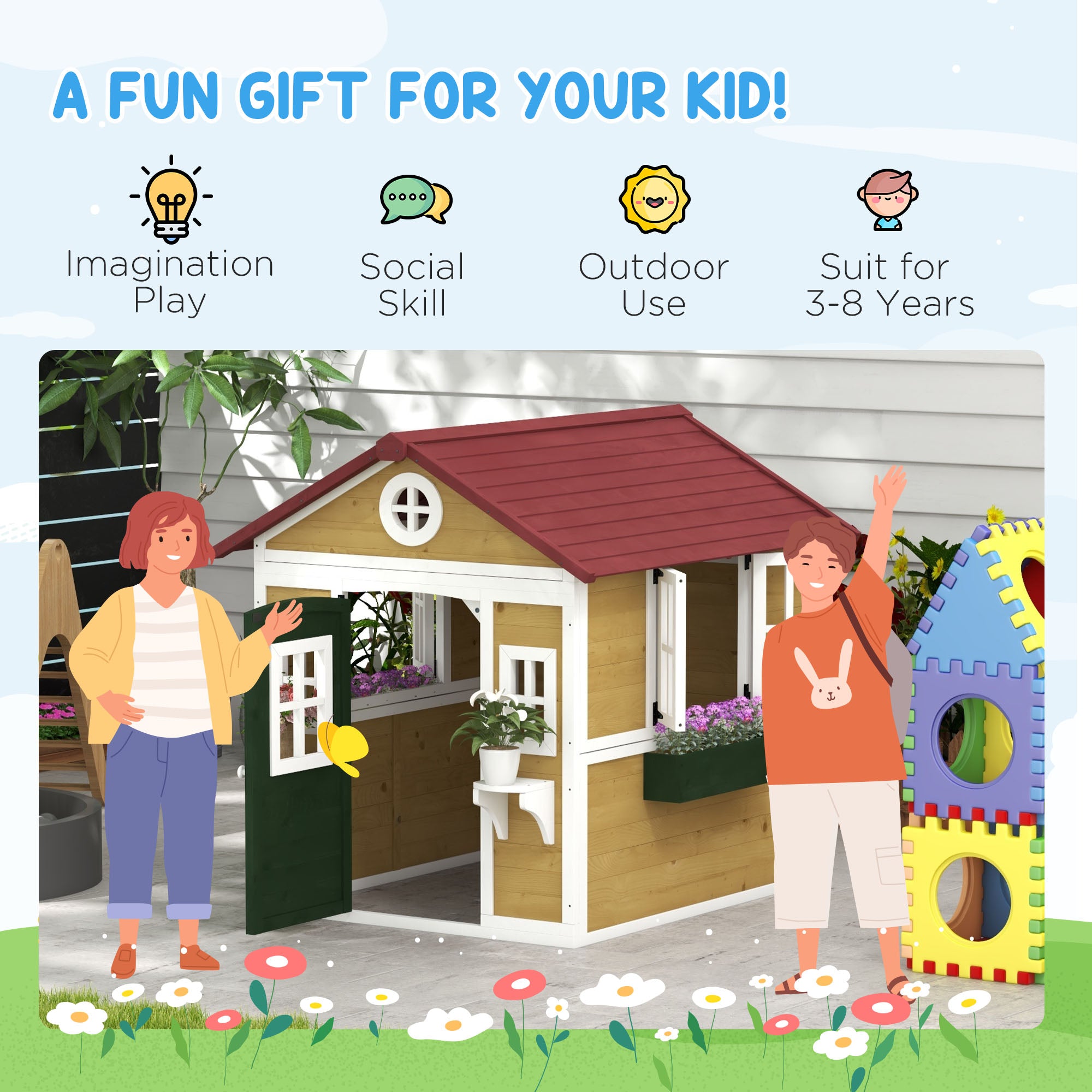 Wooden Playhouse for Kids Outdoor with Door, Windows, Planter Pots and Boxes for Toddlers 3-8 Years, Beige Play Houses at Gallery Canada