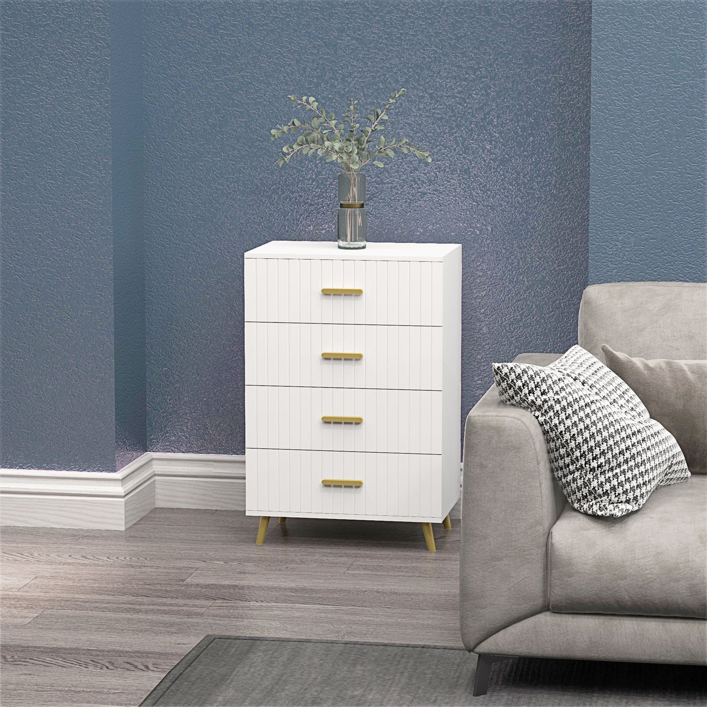 4 Drawer Cabinet, Drawer Chest for Bedroom, Chest of Drawers with Aluminium Legs and Gold Handles, White Storage Cabinets   at Gallery Canada