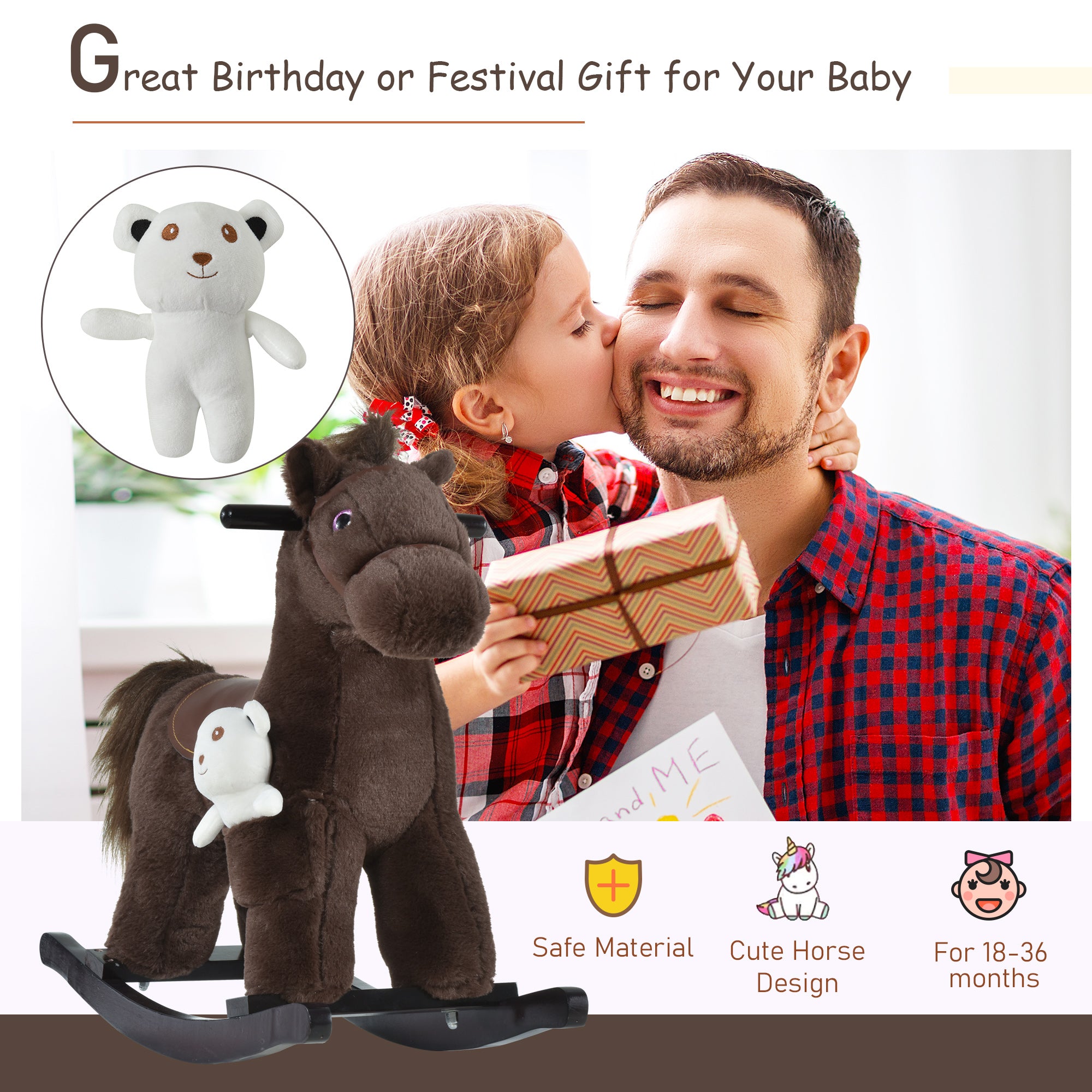 Kids Plush Ride-On Rocking Horse with Bear Toy, Children Chair with Soft Plush Toy &; Fun Realistic Sounds, Brown Rocking Horses at Gallery Canada