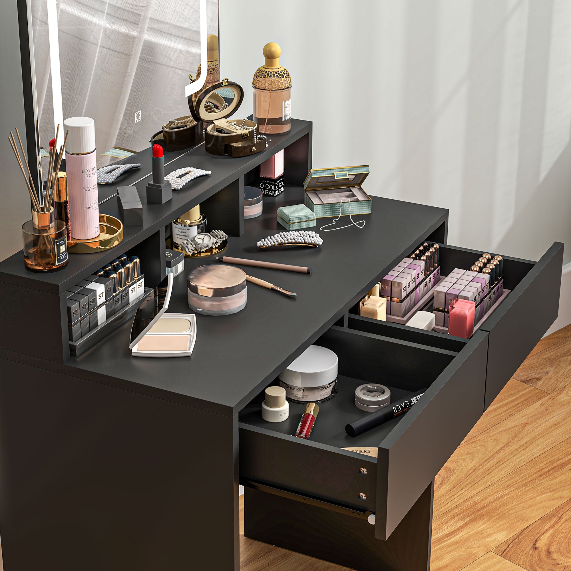 Makeup Vanity Desk with Mirror and LED Lights, for Bedroom, Modern Dressing Table with Drawers, Compartments, Black Dressing & Vanity Tables   at Gallery Canada