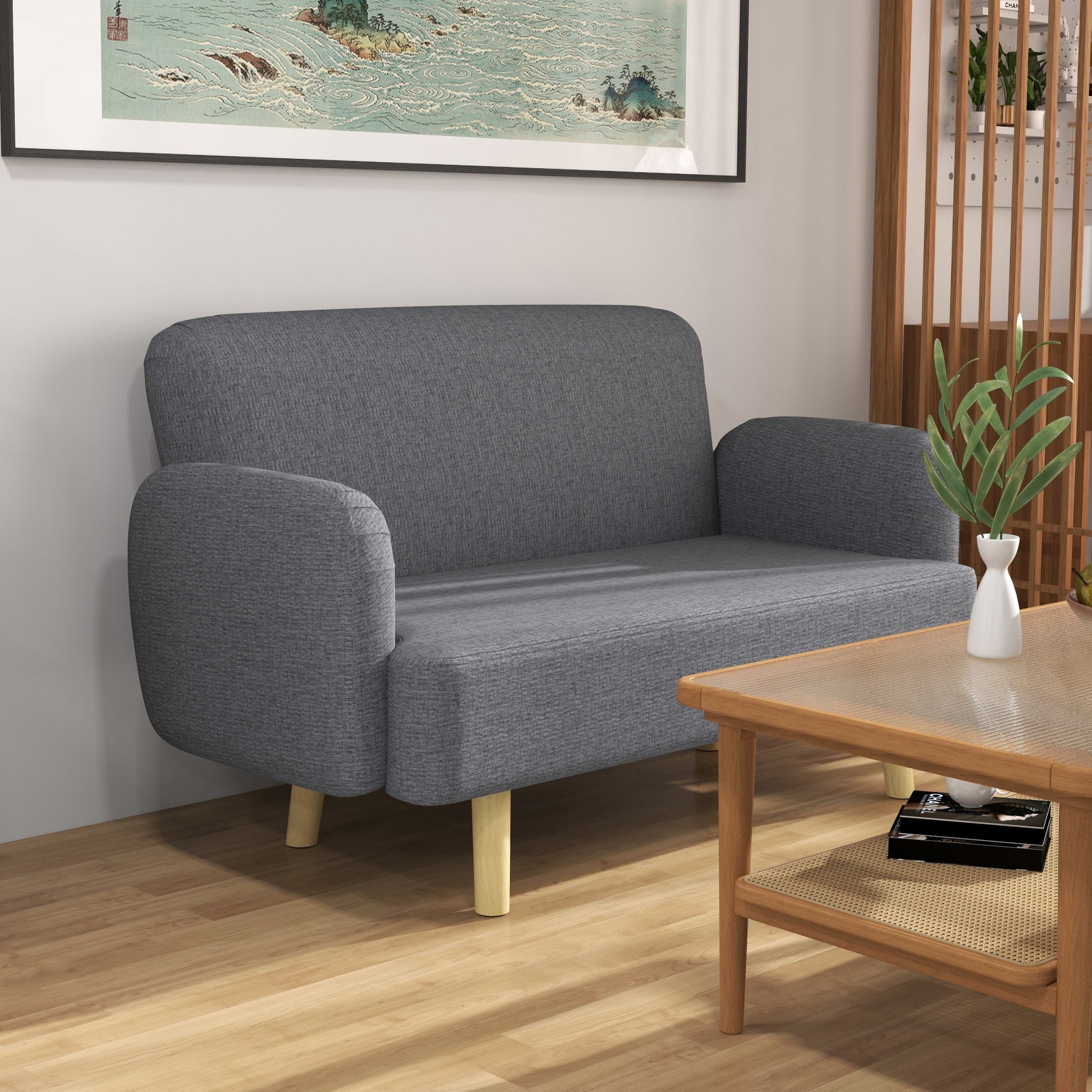 Velvet Feel Fabric 2 Seater Sofa, Small Sofa Loveseat with 8.3" Thick Padding and Wood Legs, Grey 2-Seater Sofas Grey  at Gallery Canada